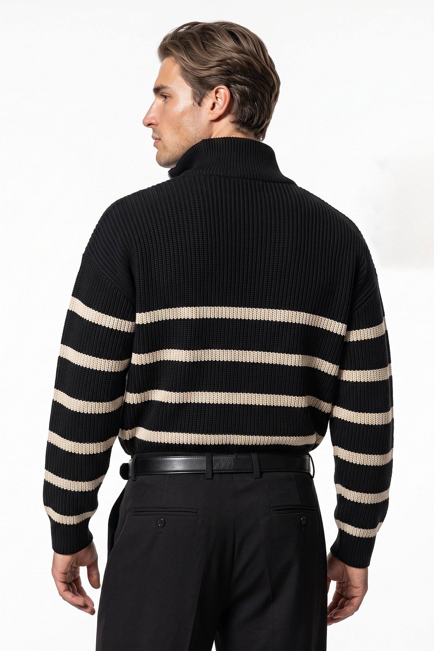 Men's Winter Comfortable Striped Rib Knit Quarter Zip Jumper
