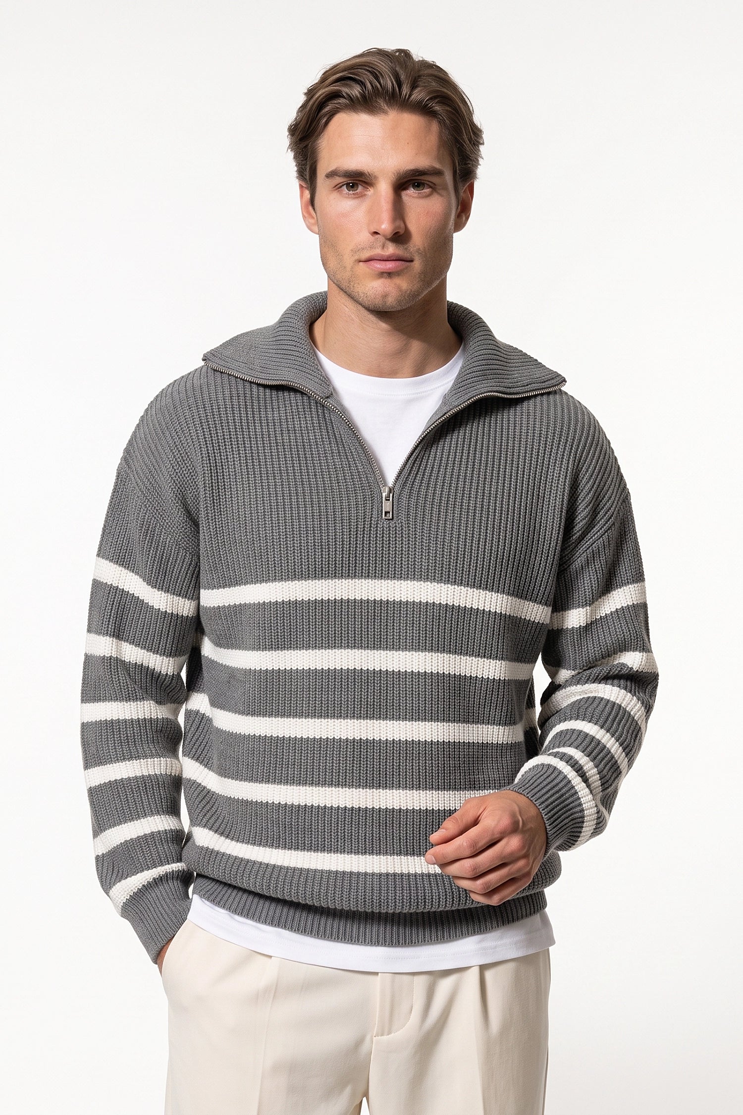 Men's Winter Comfortable Striped Rib Knit Quarter Zip Jumper