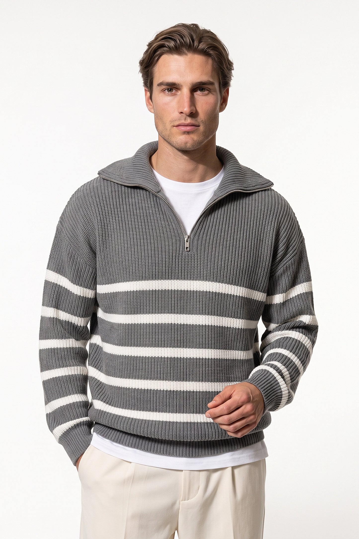 Men's Winter Comfortable Striped Rib Knit Quarter Zip Jumper