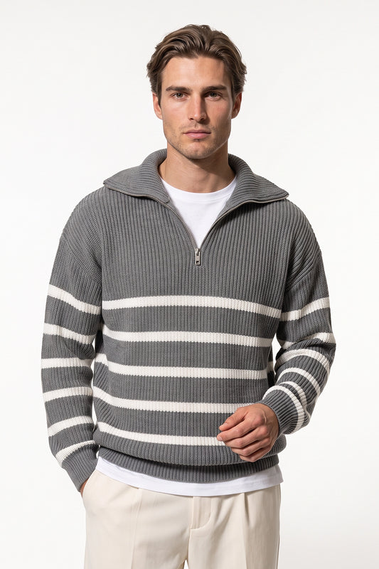Men's Winter Comfortable Striped Rib Knit Quarter Zip Jumper