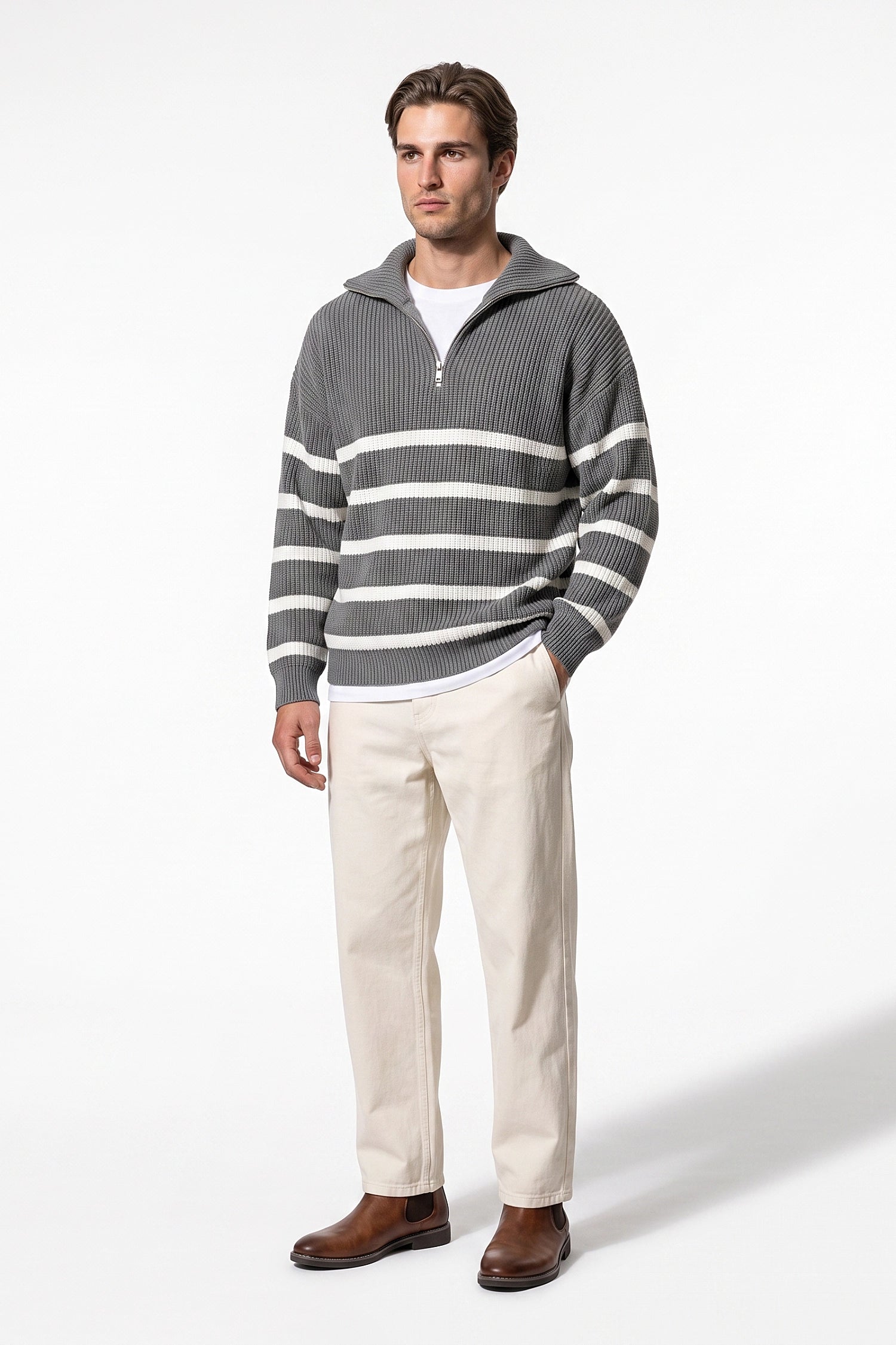 Men's Winter Comfortable Striped Rib Knit Quarter Zip Jumper