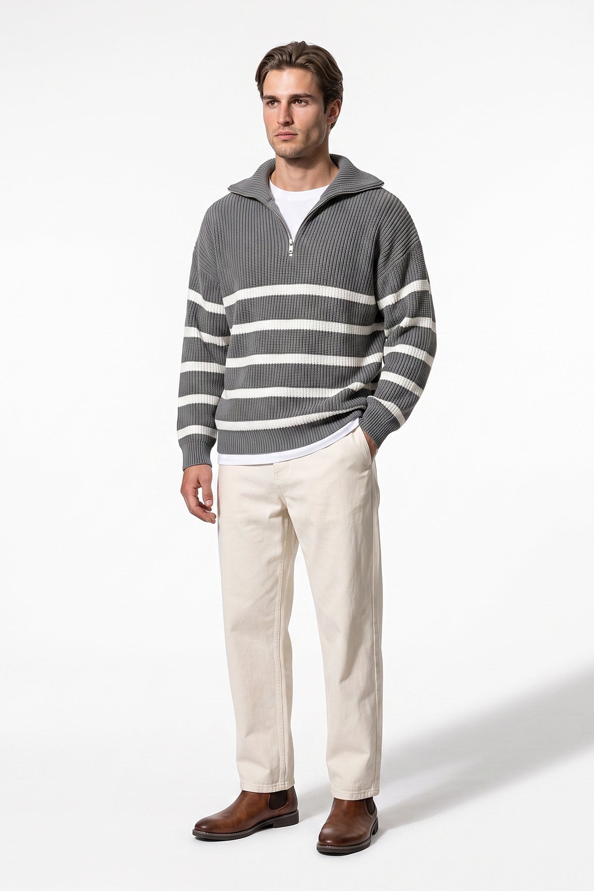 Men's Winter Comfortable Striped Rib Knit Quarter Zip Jumper