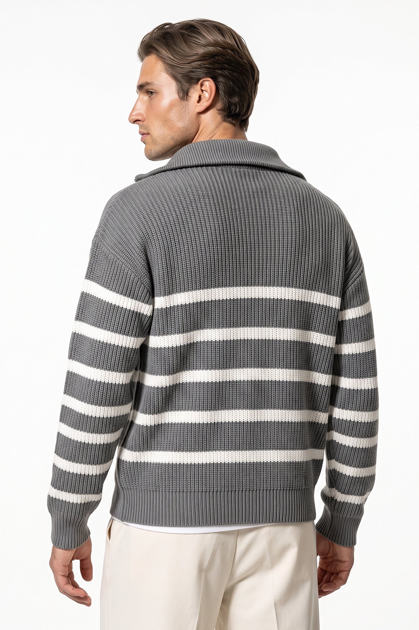 Men's Winter Comfortable Striped Rib Knit Quarter Zip Jumper