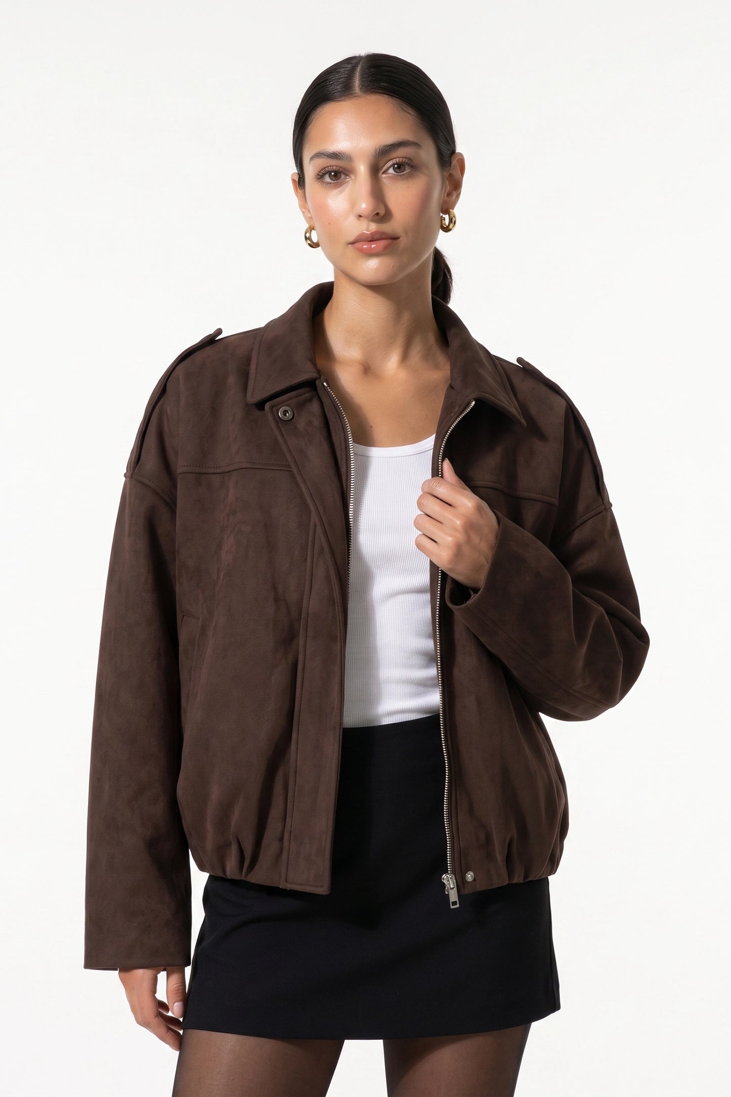 Women's Brown Oversized Suede Bomber Jacket