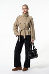 Women's Winter Lightweight Khaki Cropped Trench Coat with Belted Waist