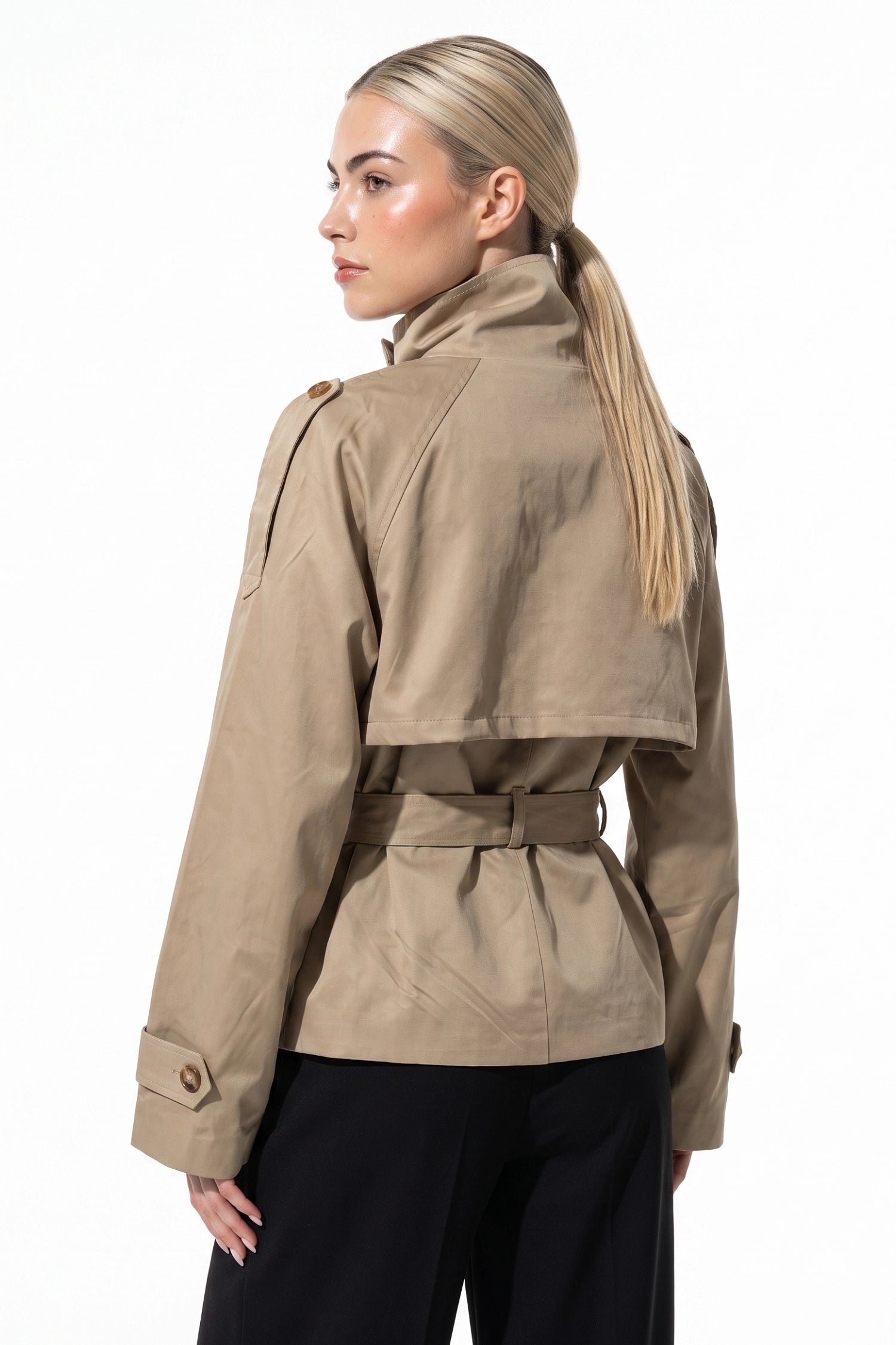 Women's Winter Lightweight Khaki Cropped Trench Coat with Belted Waist
