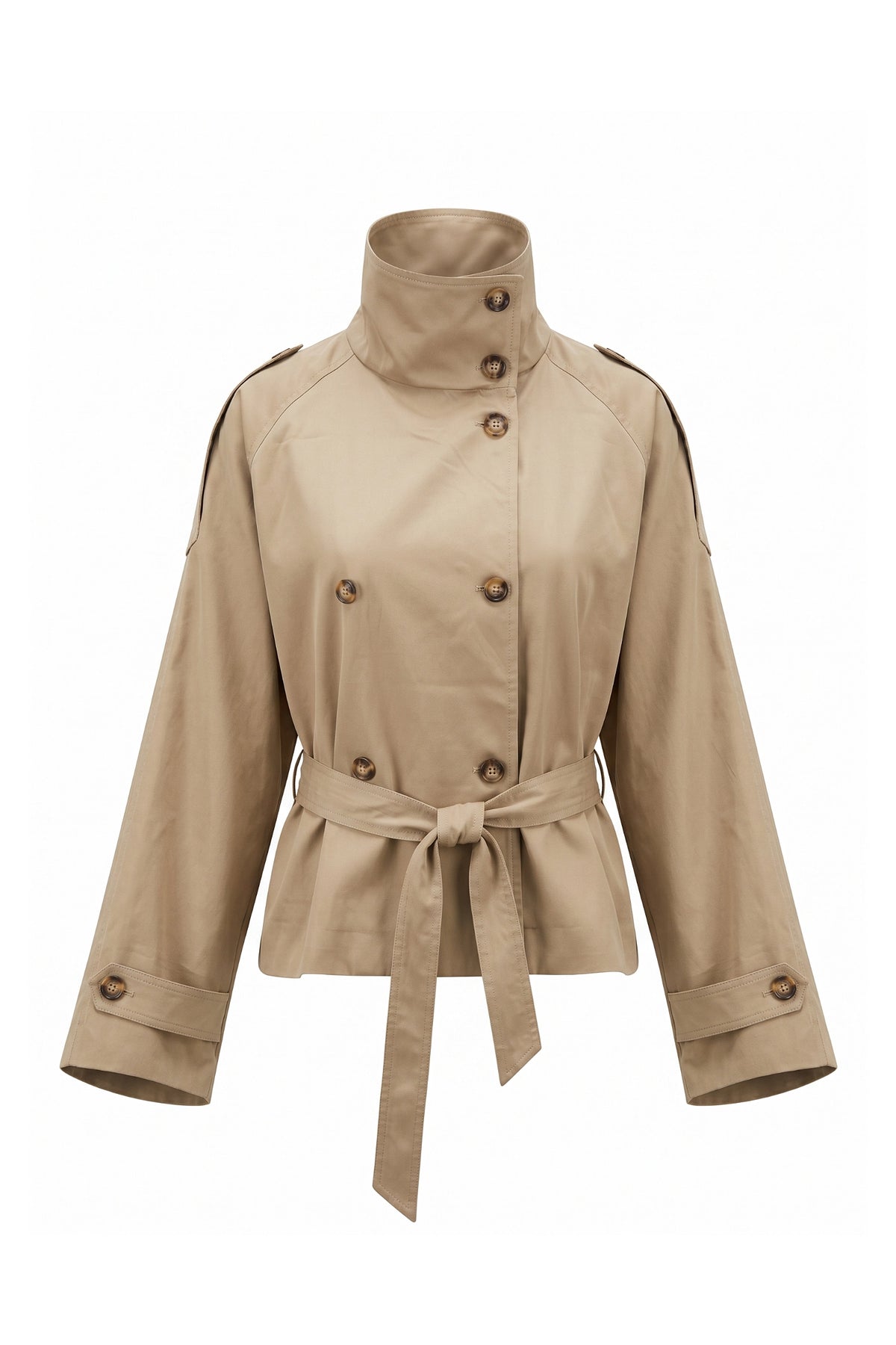 Women's Winter Lightweight Khaki Cropped Trench Coat with Belted Waist