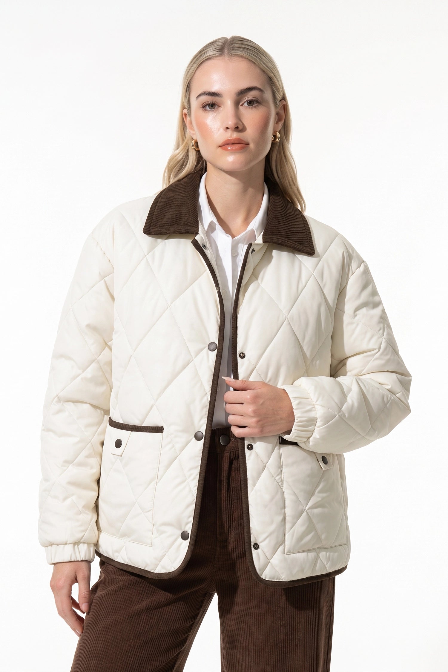 Women's Diamond Quilted Puffer Jacket with Corduroy Collar