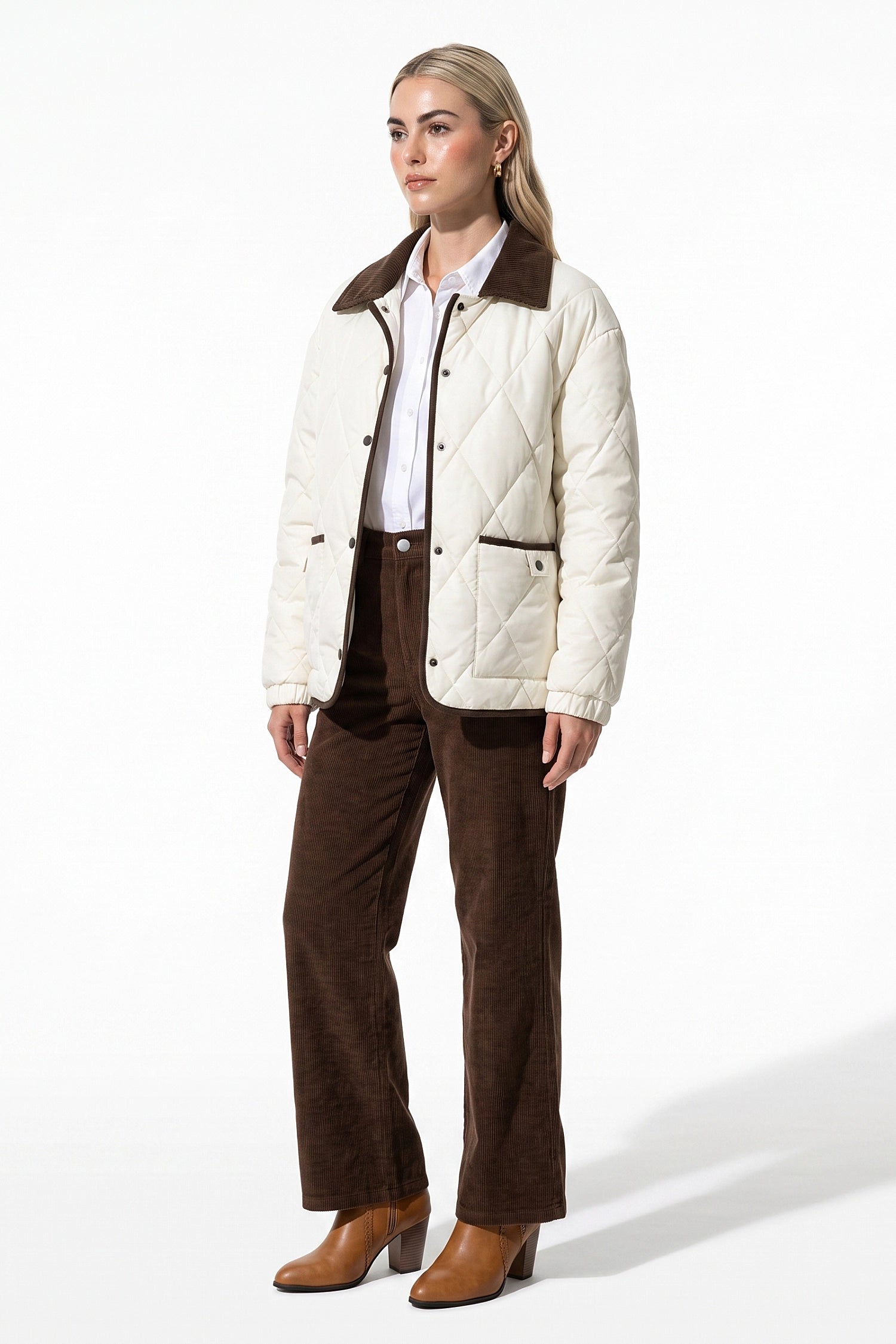 Women's Diamond Quilted Puffer Jacket with Corduroy Collar