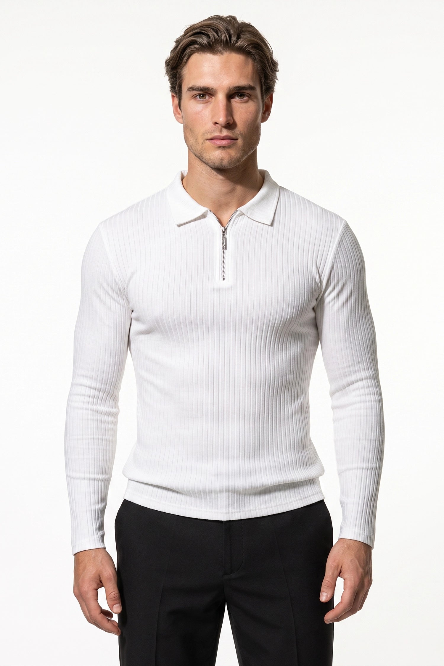 Men’s Winter Comfortable Quarter Zip Ribbed Knit Long Sleeve Polo