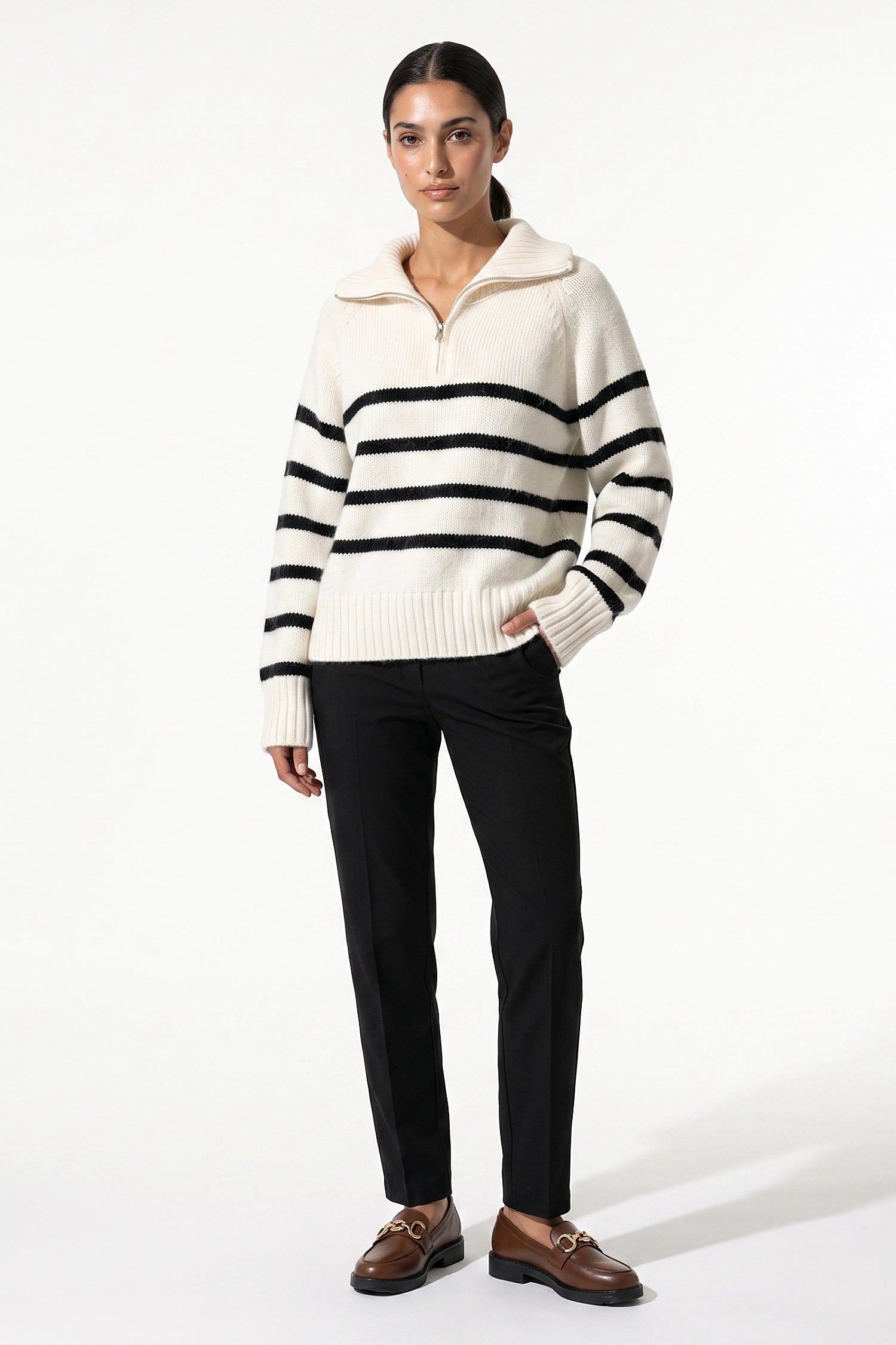 Women's Winter Warm Striped Knit Jumper with Quarter Zip