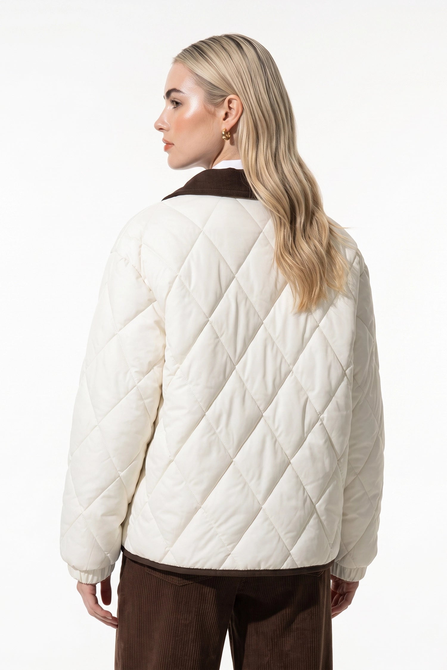 Women's Diamond Quilted Puffer Jacket with Corduroy Collar