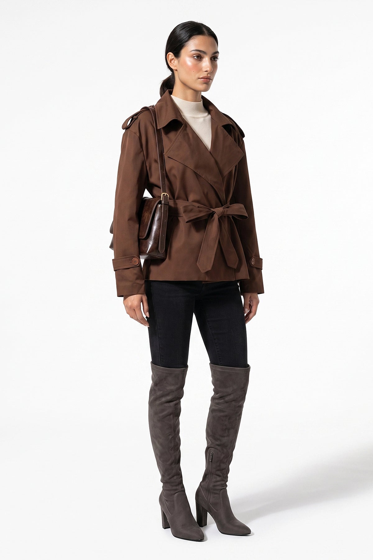 Women's Winter Short Cropped Trench Coat with Belted Waist