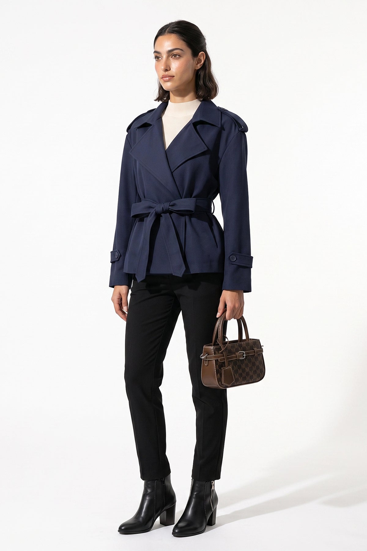 Women's Winter Short Cropped Trench Coat with Belted Waist