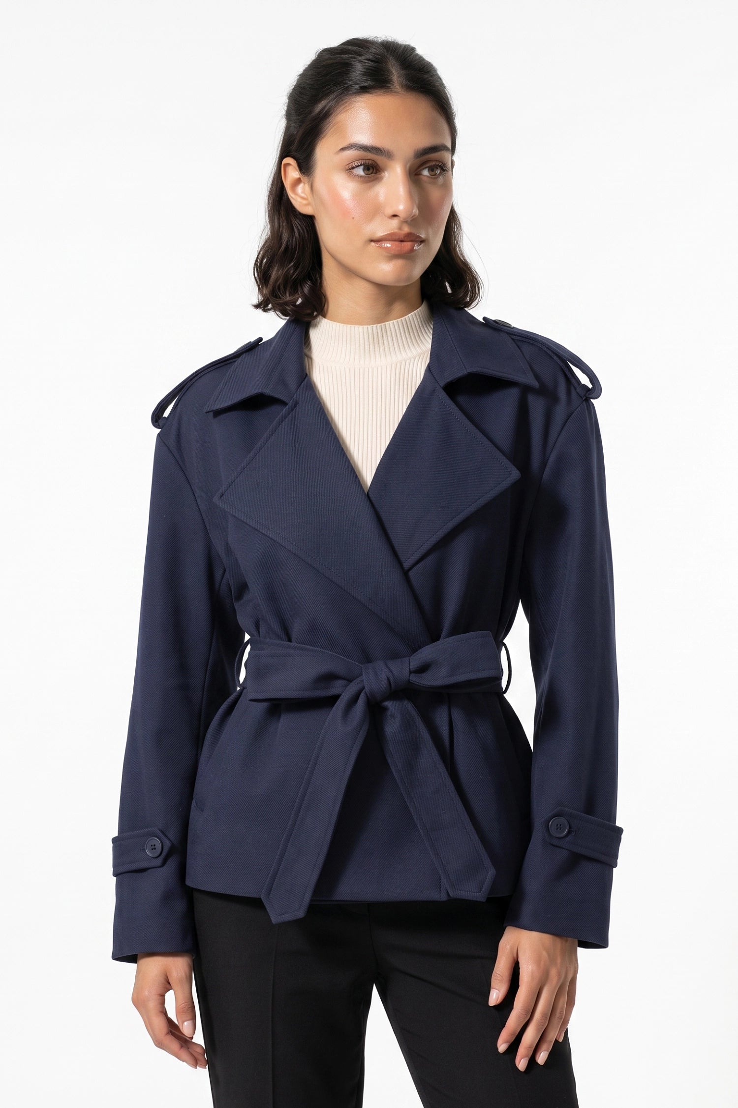 Women's Winter Short Cropped Trench Coat with Belted Waist