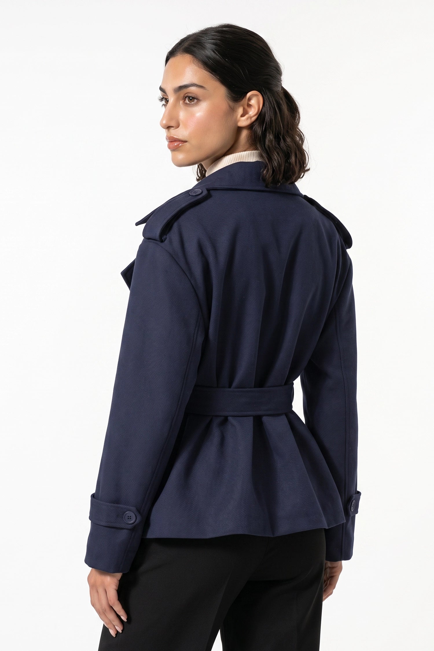 Women's Winter Short Cropped Trench Coat with Belted Waist