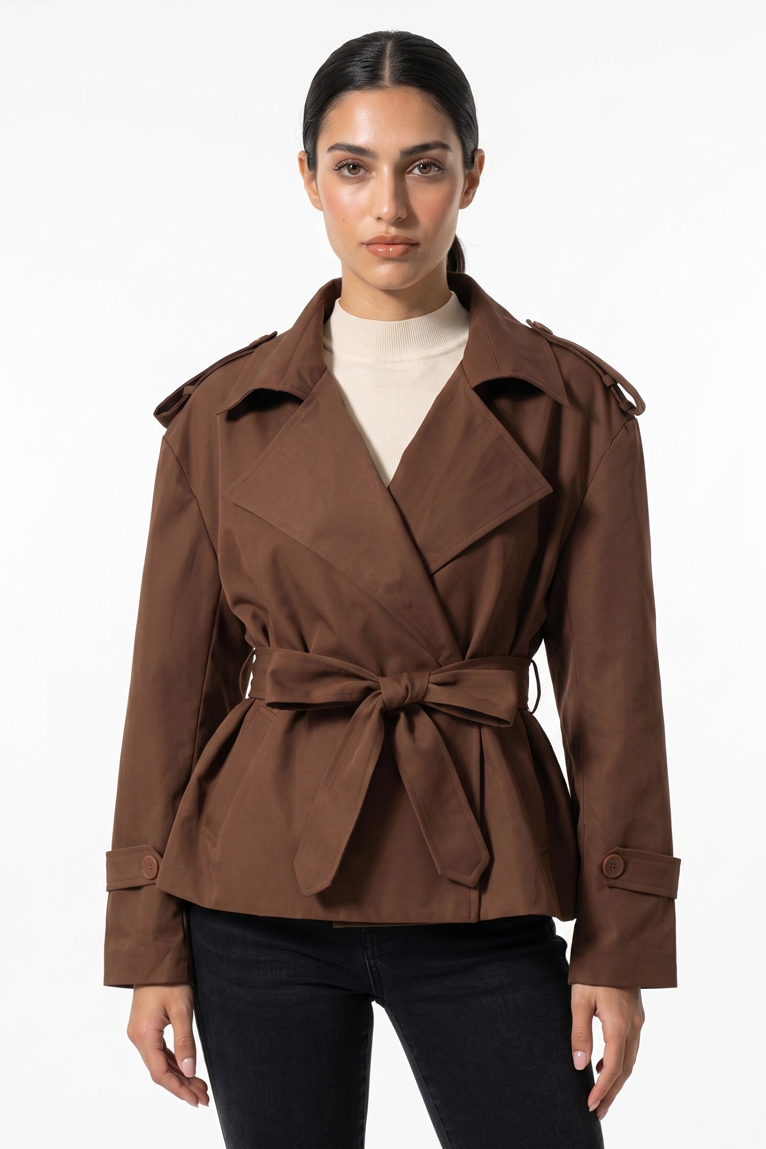 Women's Winter Short Cropped Trench Coat with Belted Waist