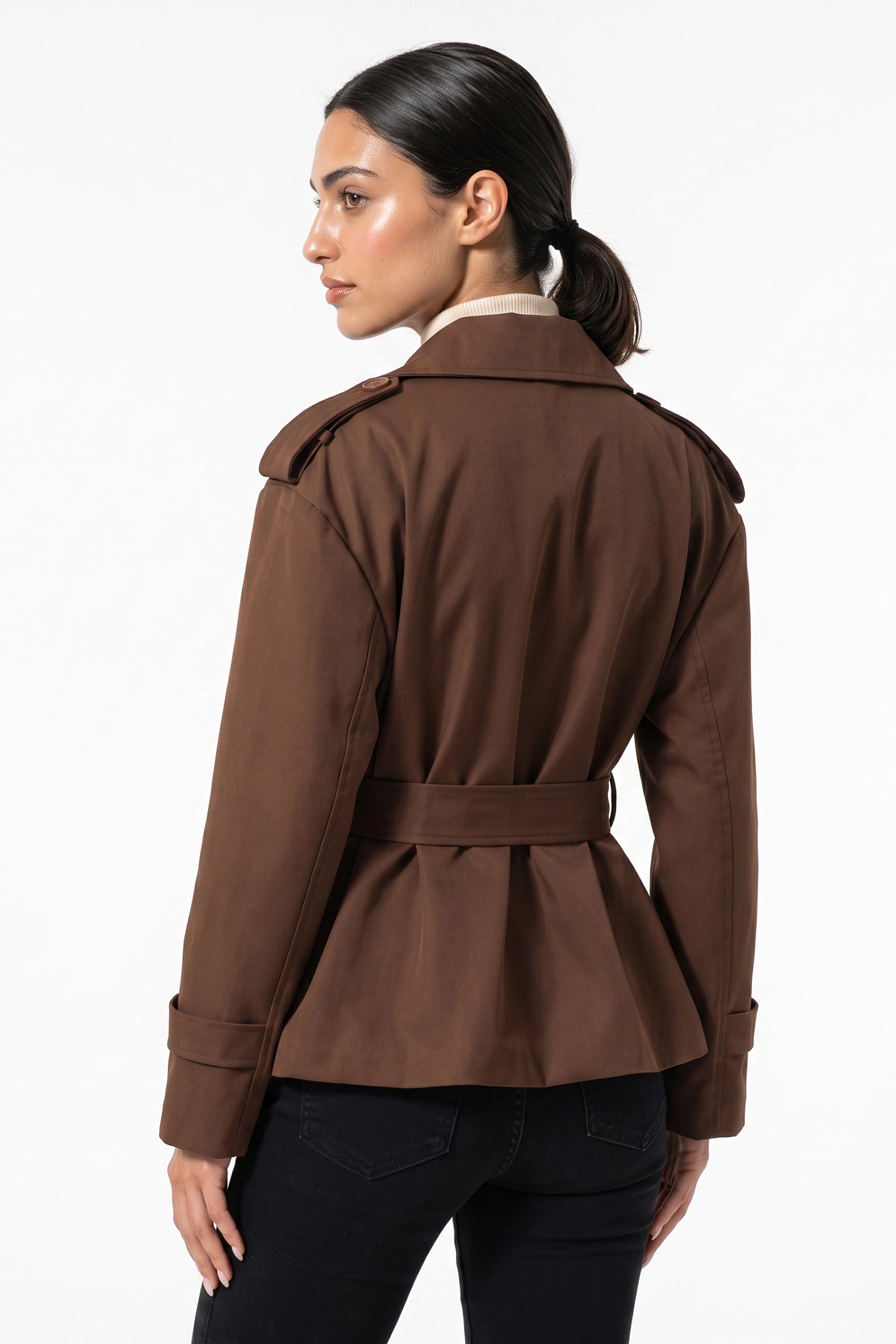 Women's Winter Short Cropped Trench Coat with Belted Waist