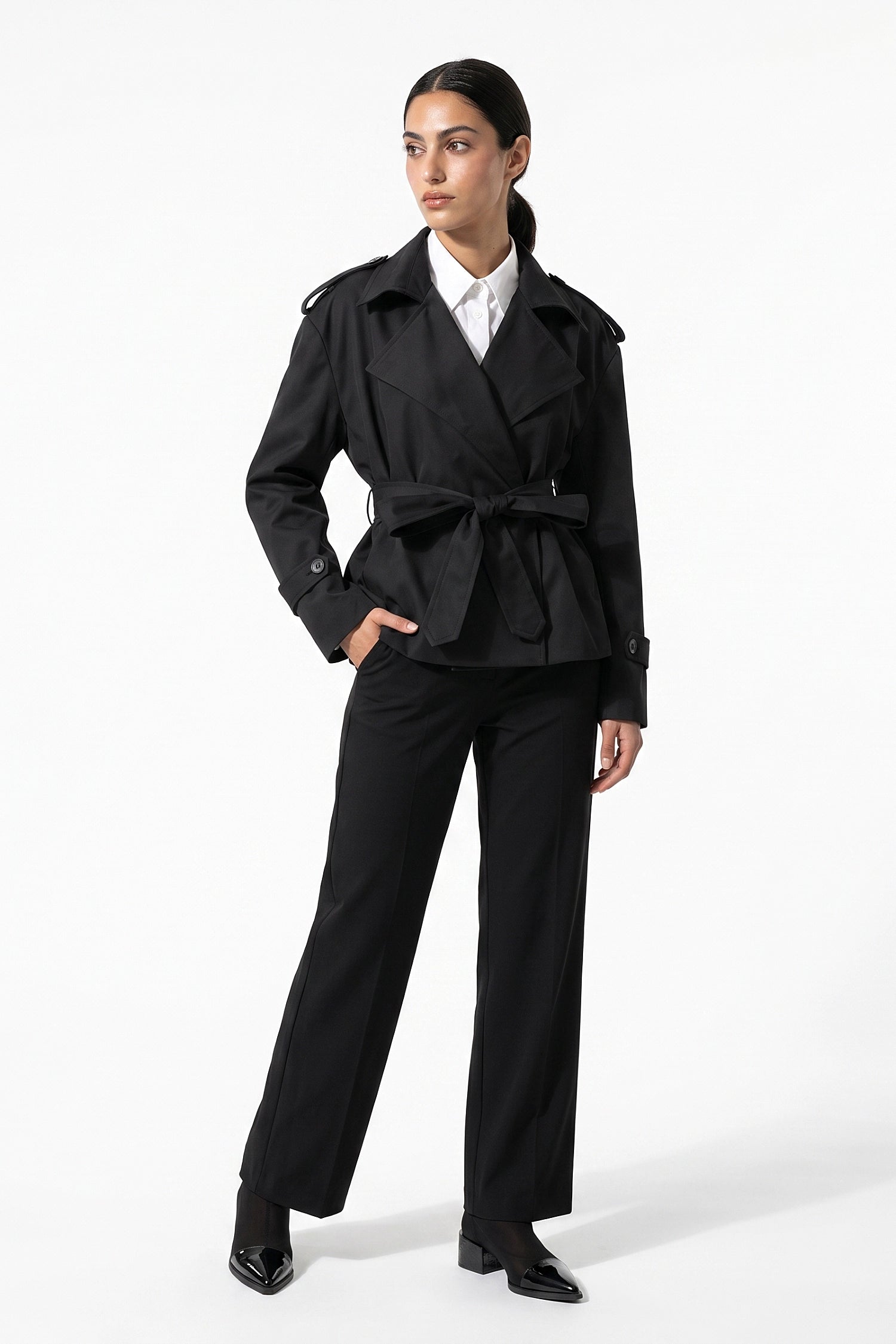 Women's Winter Short Cropped Trench Coat with Belted Waist