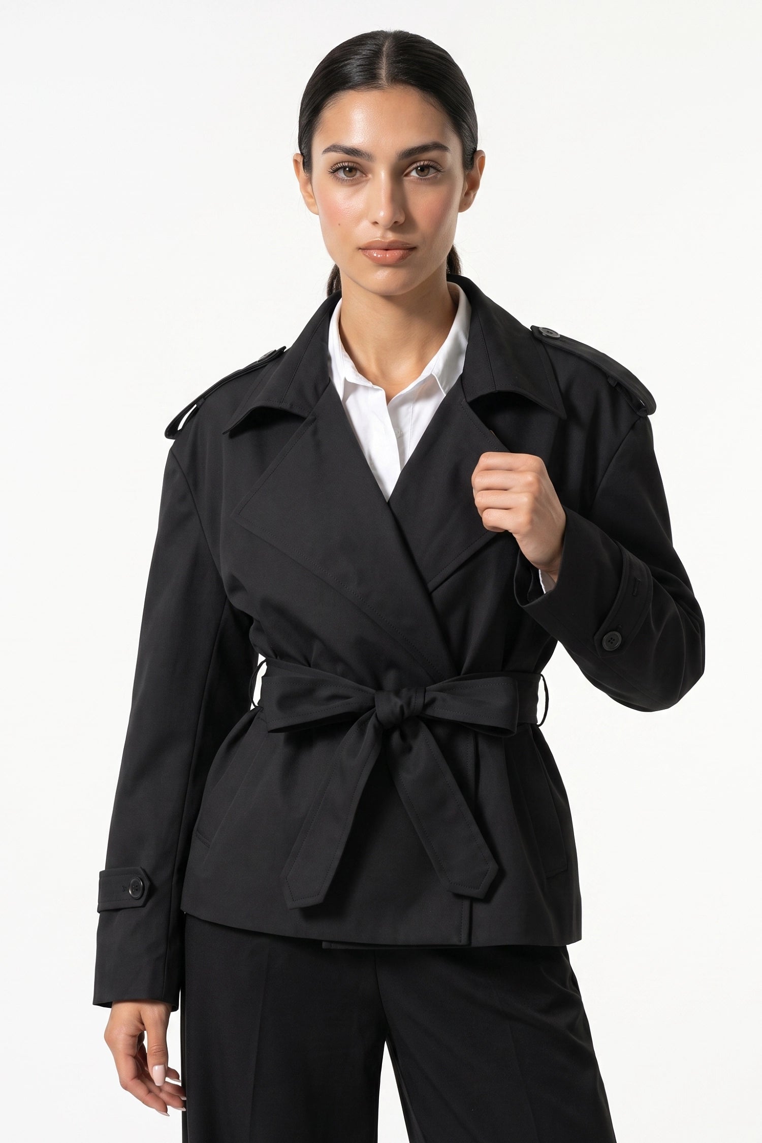 Women's Winter Short Cropped Trench Coat with Belted Waist