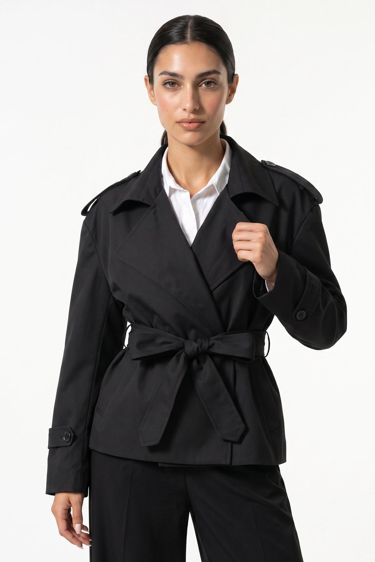 Women's Winter Short Cropped Trench Coat with Belted Waist