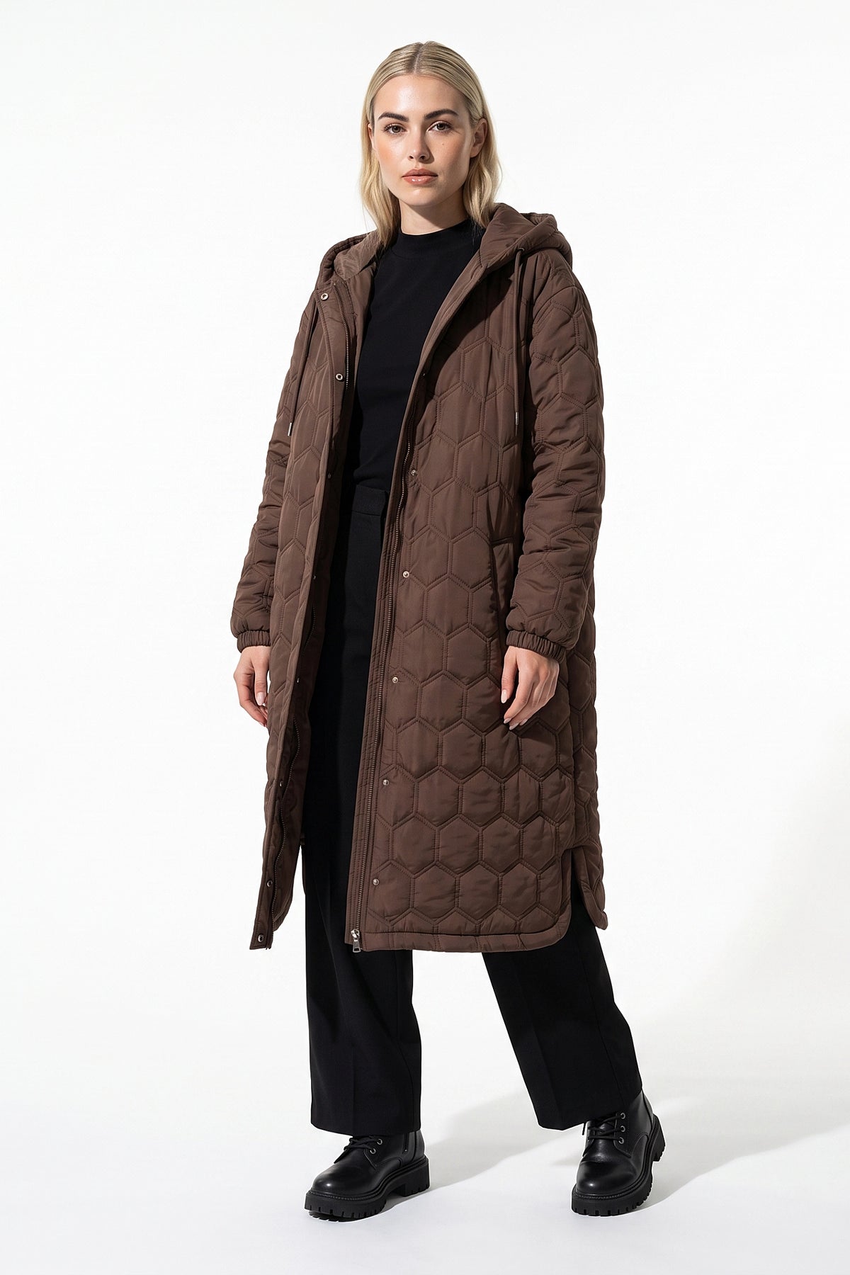 Women’s Winter Warm Longline Quilted Puffer Coat with Hood and Full Zip Front