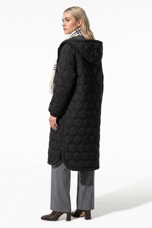 Women’s Winter Warm Longline Quilted Puffer Coat with Hood and Full Zip Front