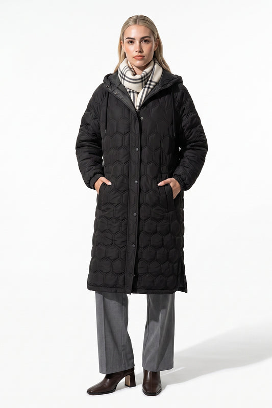 Women’s Winter Warm Longline Quilted Puffer Coat with Hood and Full Zip Front