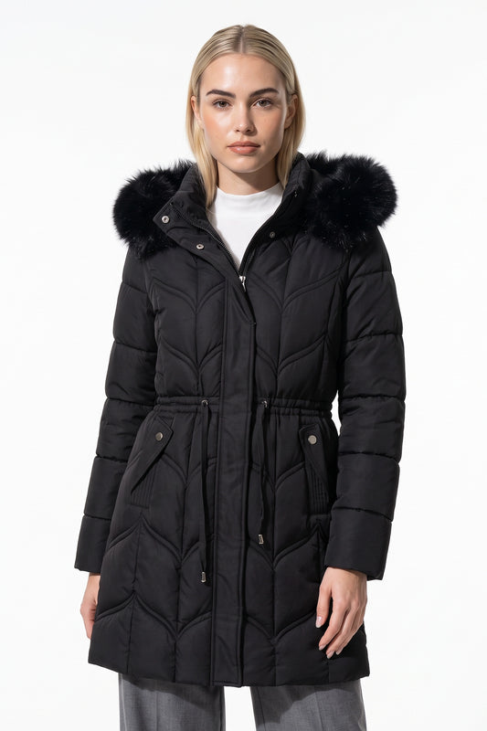 Women’s Winter Warm Longline Faux Fur Hood Puffer Coat with Adjustable Waist