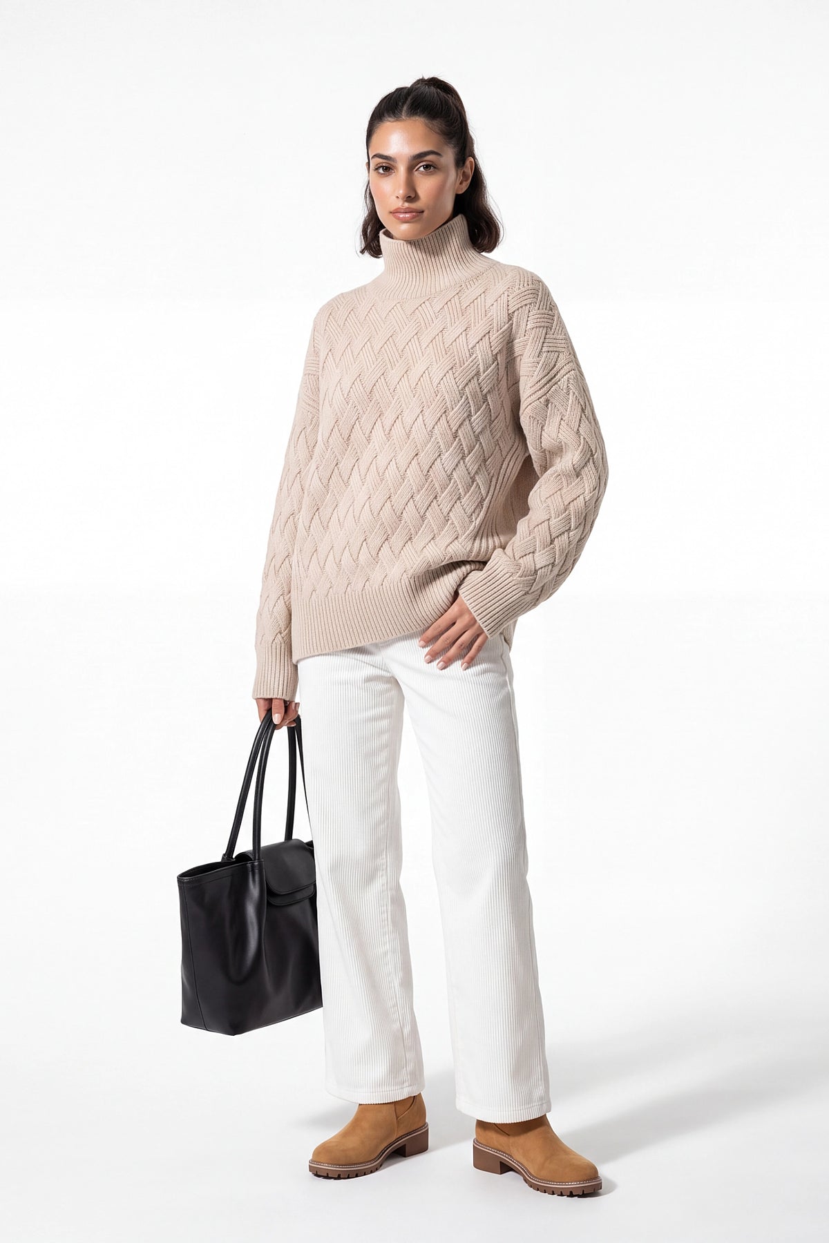 Women’s Winter Cosy Oversized Textured Knit Jumper Stand Up Collar