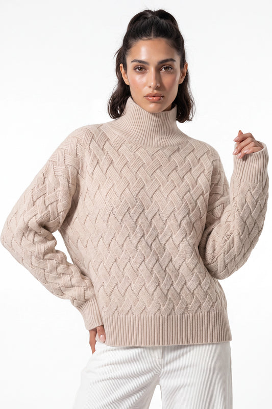 Women’s Winter Cosy Oversized Textured Knit Jumper Stand Up Collar