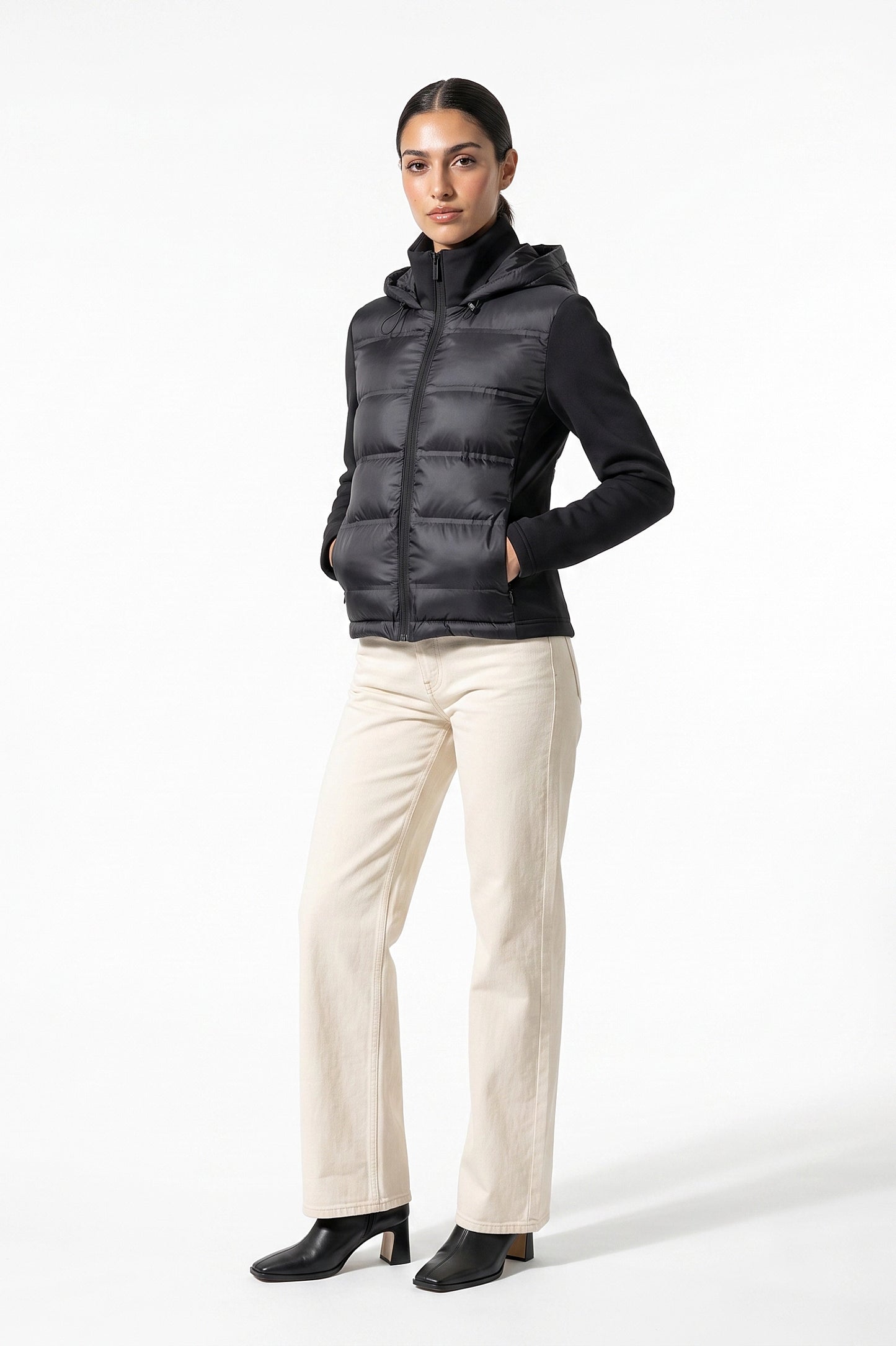 Women's Winter Active Hybrid Hooded Black Puffer Jacket