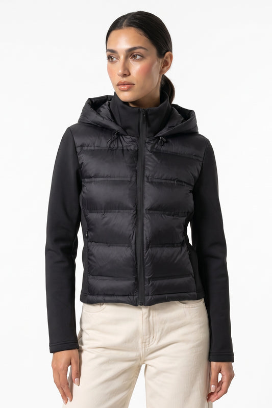 Women's Winter Active Hybrid Hooded Black Puffer Jacket