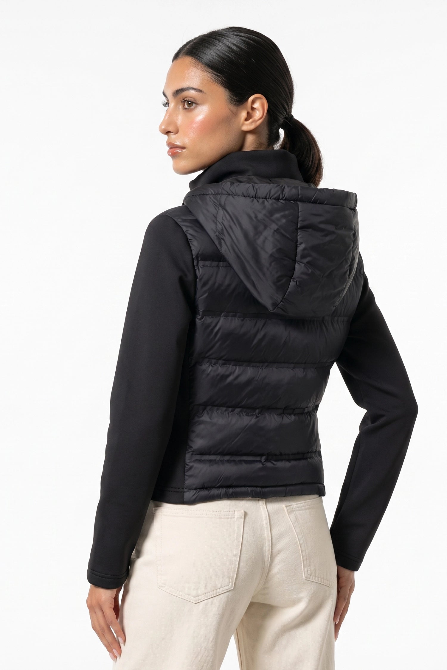 Women's Winter Active Hybrid Hooded Black Puffer Jacket